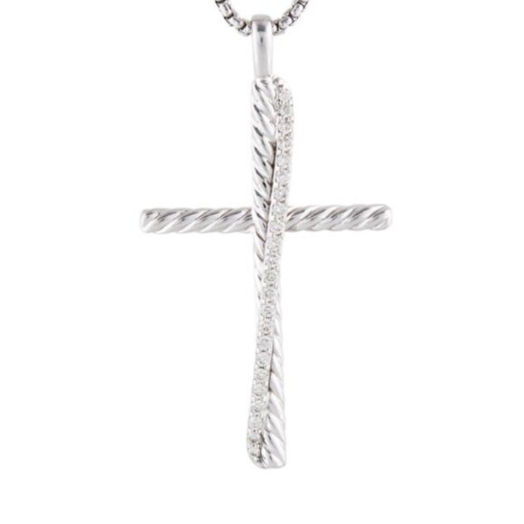DAVID YURMAN DIAMOND 0.35CTW STERLING SILVER CROSSOVER CROSS PENDANT NECKLACE - Picture 4 of 9